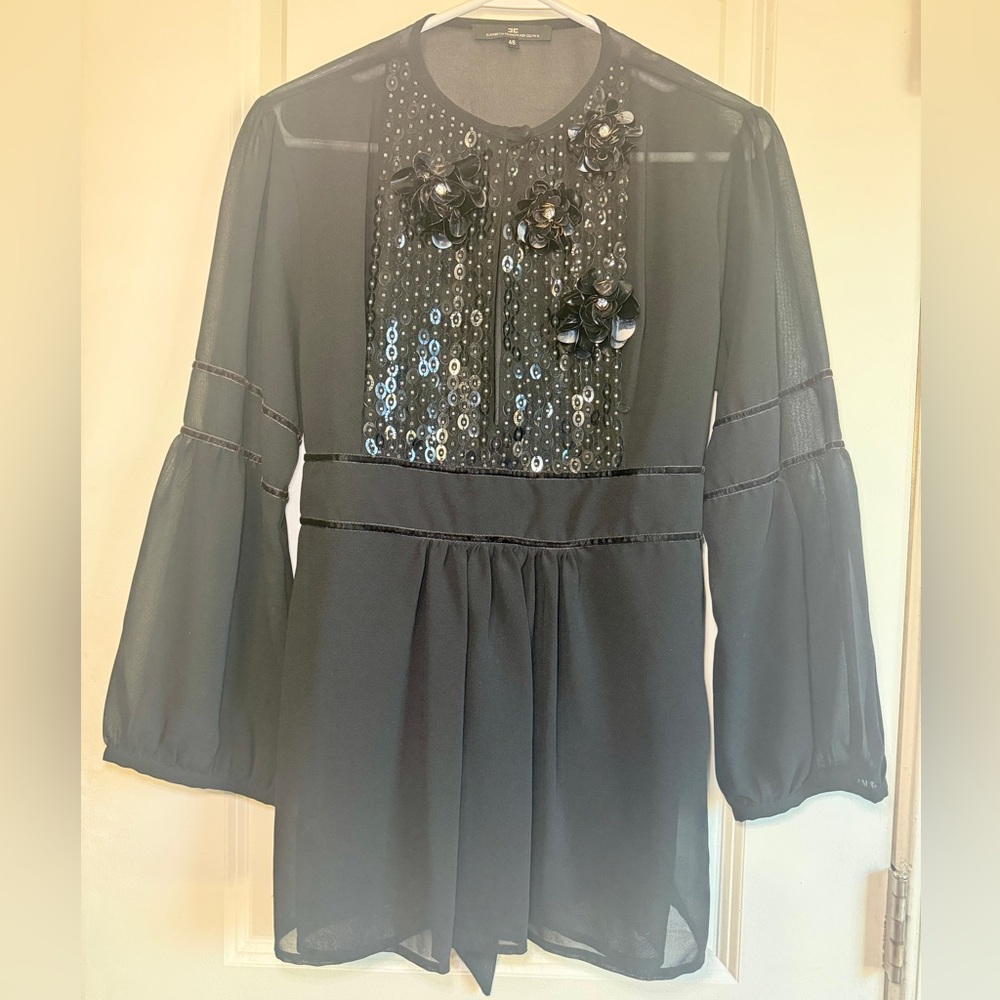 Elisabetta Franchi Celyn B black sheer blouse puffed sleeve sequined top 46 - Picture 1 of 11